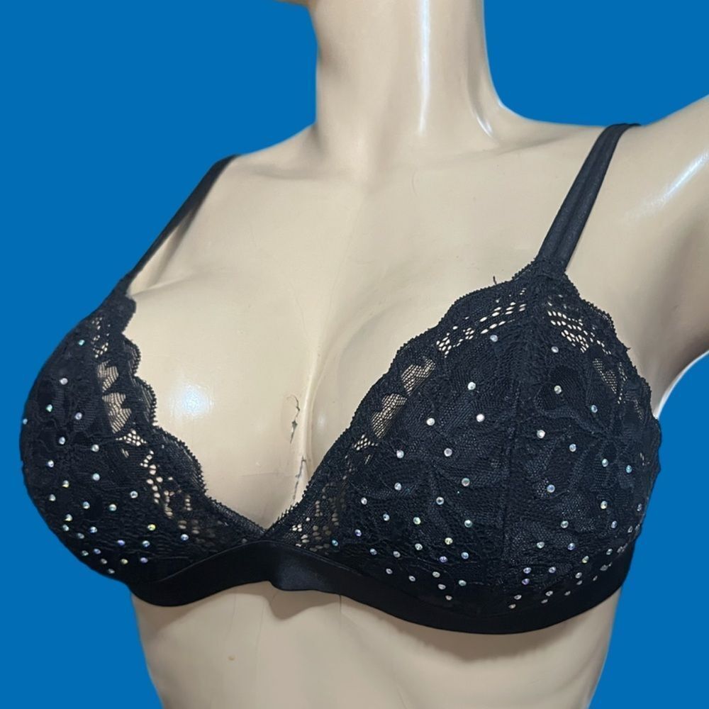 Victorias Secret Pink Bling Stones Lace Triangle Bralette bra black Large